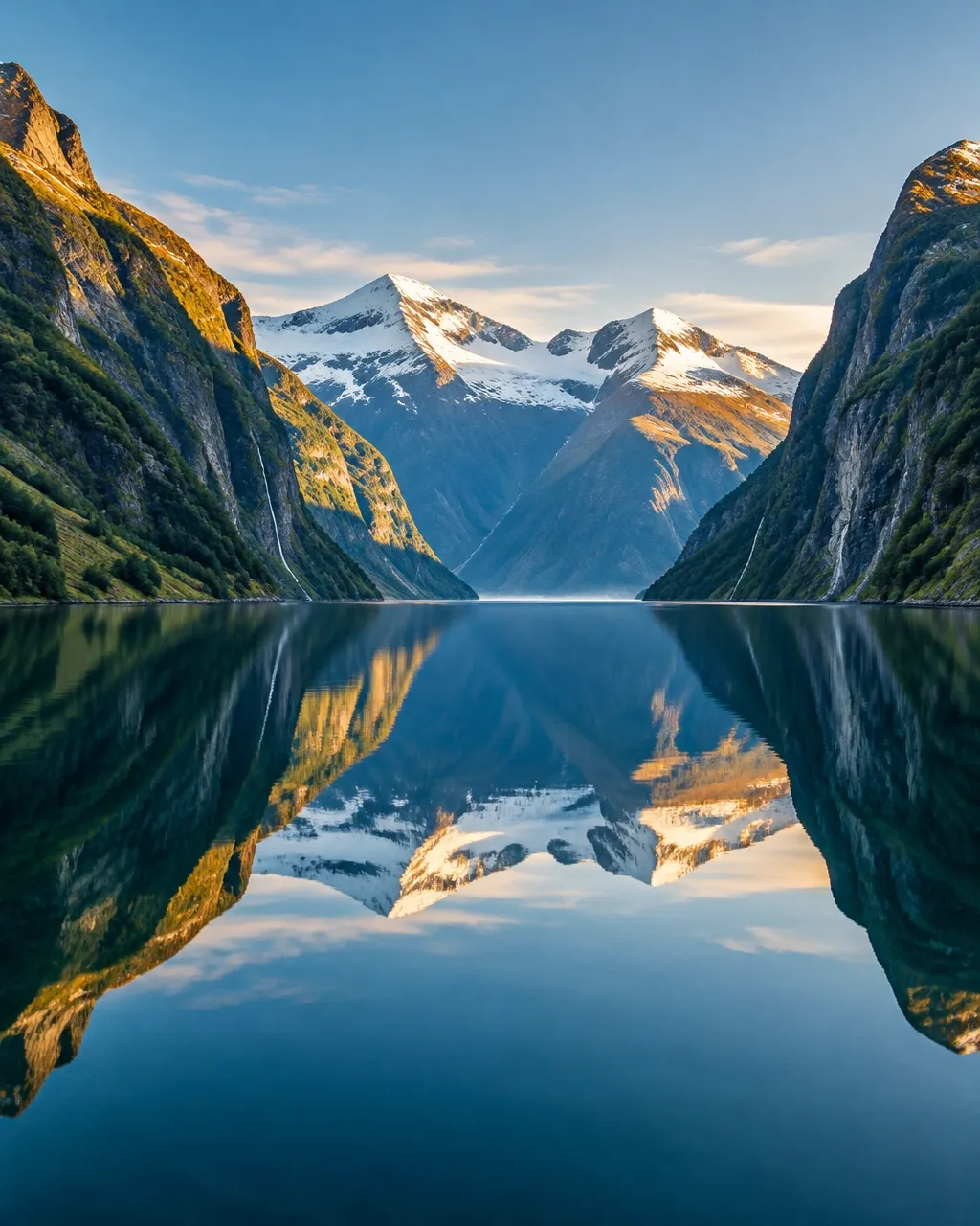 Dramatic Nordic fjord with glassy water, steep cliffs, and snow-capped peaks