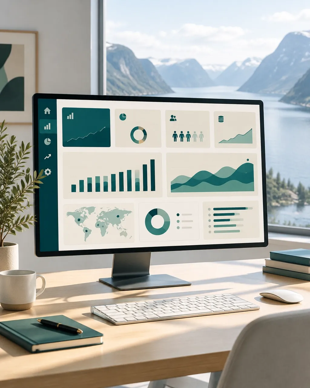 A clean business dashboard on a monitor with a fjord beyond the window