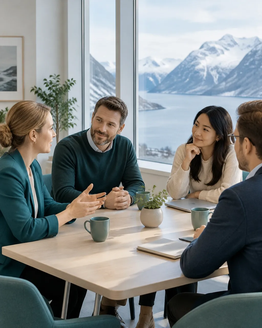 A small team in conversation in a bright office overlooking snowy peaks