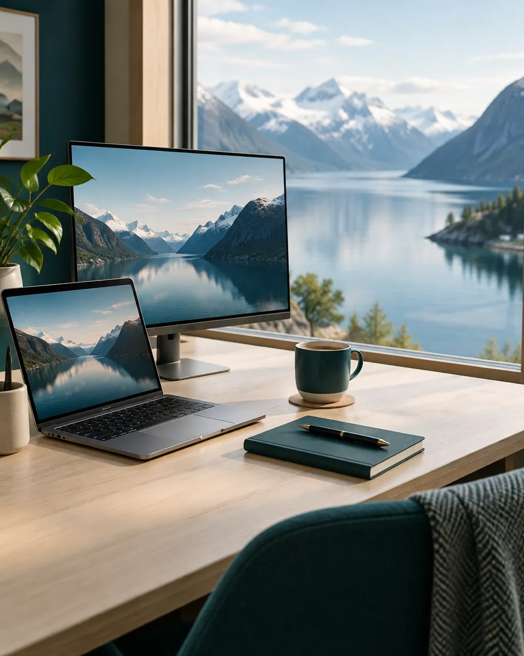 A calm workspace with a monitor and laptop overlooking a glassy fjord